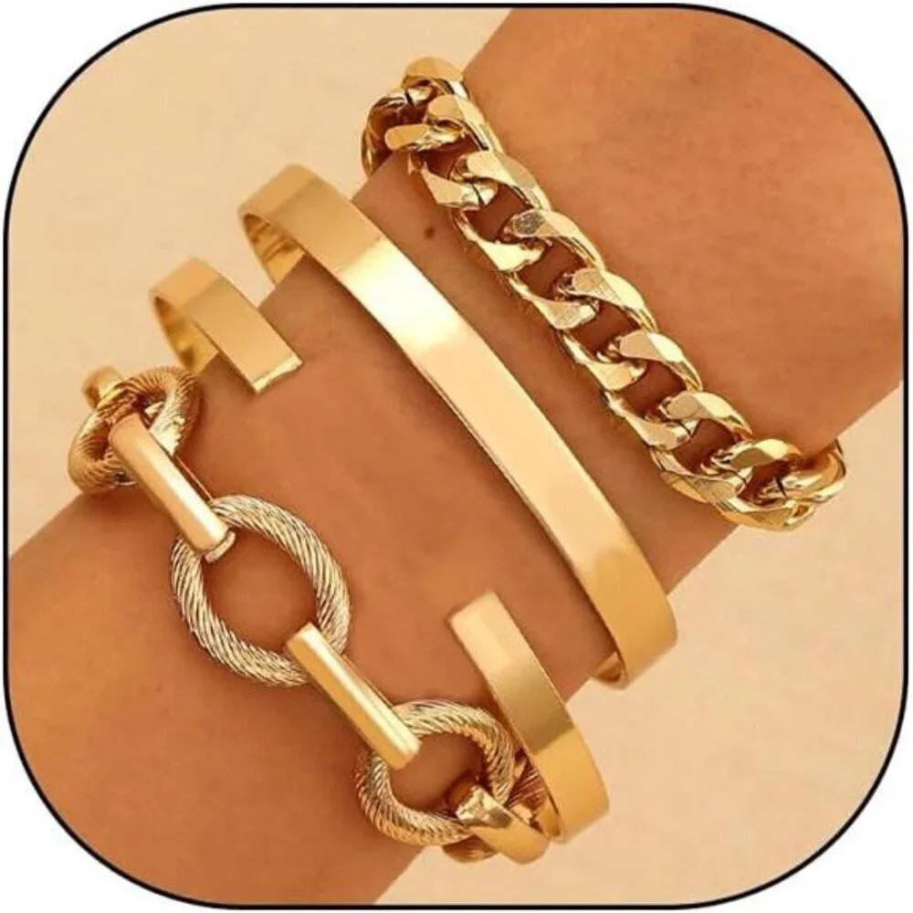 Trendy 4-Piece Gold Bracelet Set for Women – Chunky Chain, Minimalist Cuff